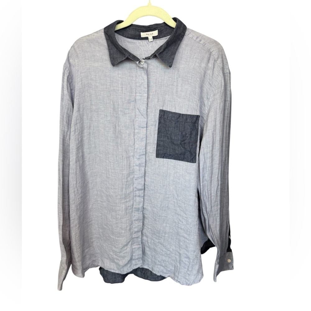 Reiss 100% linen women’s 14 button down shirt blue pocket long sleeve plus
